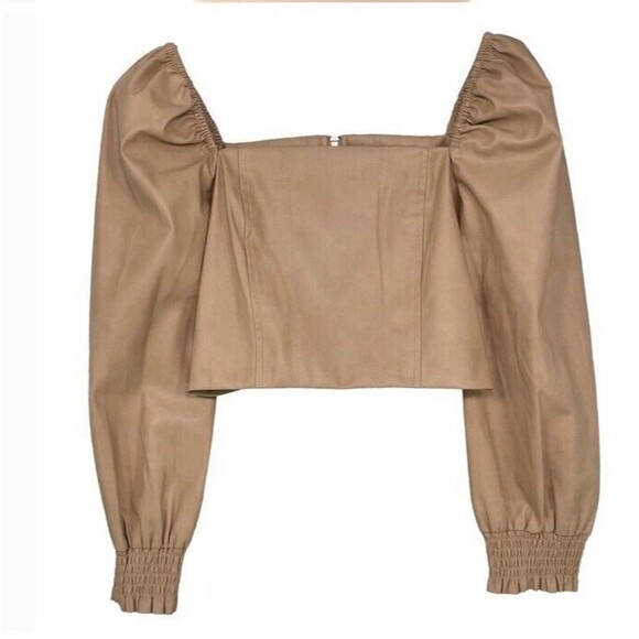 7 For All Mankind Vegan Leather Corset Crop Top Puff Long Sleeves Nude Small NEW - Picture 3 of 11